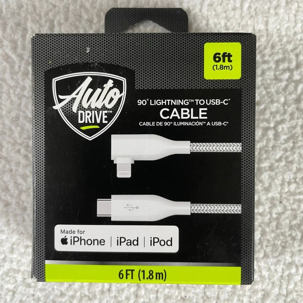 Auto Drive 6ft Charging Cable‎ Silver 90 Degree 8 pin connector to USB-C Braided
